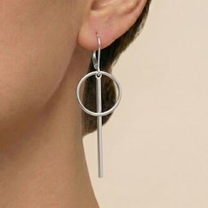 Sterling Silver Circle Bar Leverback Earrings: Geometric Dangle