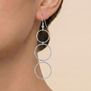 Sterling Silver Triple Hoop Earrings, Silver Circle Dangles, Geometric Drop Rings, Minimalist Modern Jewelry, Tiered Boho Accessories