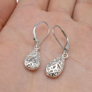 Sterling Silver Filigree Drop Earrings, 925 Silver Leverback Earrings, Water Drop Earrings, Plain Lever Back with Tear Drop Earring
