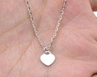 Sterling Silver Heart Necklace, 925 Silver Heart Necklace, Love Heart Necklace, Small Heart Disc w/ Flat Cable Chain Necklace, Lover Jewelry