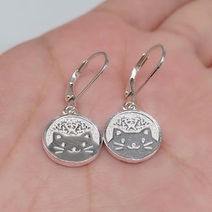 Sterling Silver Cat Earring, 925 Silver Cat Leverback Earring, Cat Drop Earring, Cat Charm Earring, Pet Earring, Cat Dangle Earring