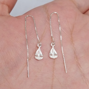 Sterling Silver Sailboat Earring, 925 Silver Sailing Boat Earring, Sailboat Drop Earring, Sailboat Earring Threader, Sailboat Charm Earring
