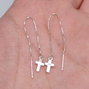 Sterling Silver Cross Earring, 925 Silver Cross Earring, Jesus Cross Earring, Tiny Cross Earring Threader, Cross Drop Earring, Women Earring