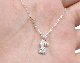 Sterling Silver Dinosaur Necklace with CZ, 925 Silver Dinosaur Necklace, Dinosaur Necklace Chain, Small Dinosaur with Cable Chain Necklace