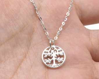 Sterling Silver Tree of Life Necklace, 925 Silver Life Tree Necklace, Tree Necklace, Tree of Life Charm with Flat Cable Chain Necklace 1.6mm