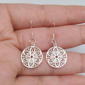 Sterling Silver Filigree Flower Earring, 925 Silver Flower Earrings, Circle Floral Earring, Filigree Life Flower Earring Wire, Women Earring
