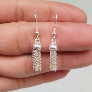 Sterling Silver Small Chain Tassel Earring, 925 Silver Shiny Tassel Earring, Tassel Drop Earring, Tassel Dangle Earring, Tassel Ear Wire