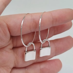 Sterling Silver Lock Earring, 925 Silver Lock Hoop Earring, Padlock Earring, Lock Earring Hoop, Lock Pendant Earring, Lock Dangle Earring