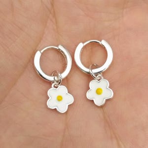 Sterling Silver Enamel Daisy Huggie Earrings: Floral Charm Hoops