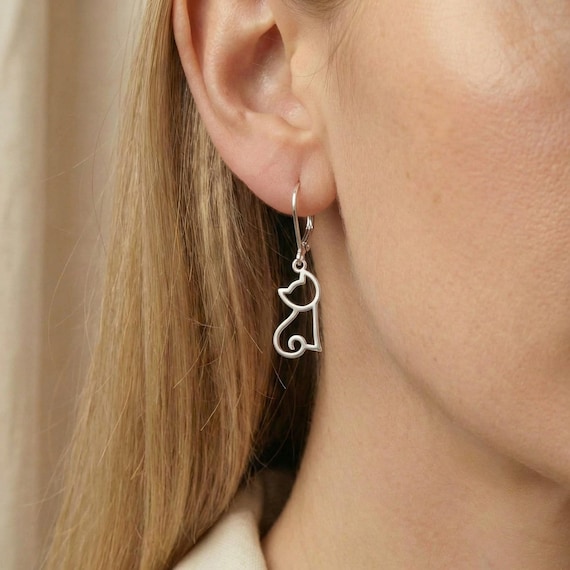 Sterling Silver Cat Earrings: Hollow Dangle Leverback Design
