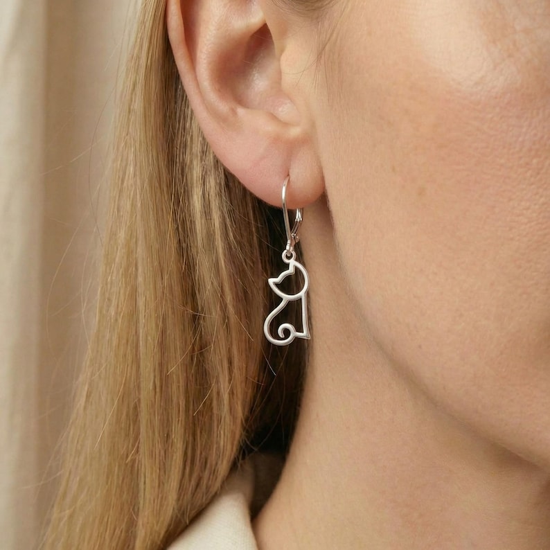 Sterling Silver Cat Earrings: Hollow Dangle Leverback Design image 1