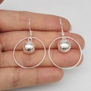 Sterling Silver Ball Drop Earrings: 10mm Ball, 25mm Circle