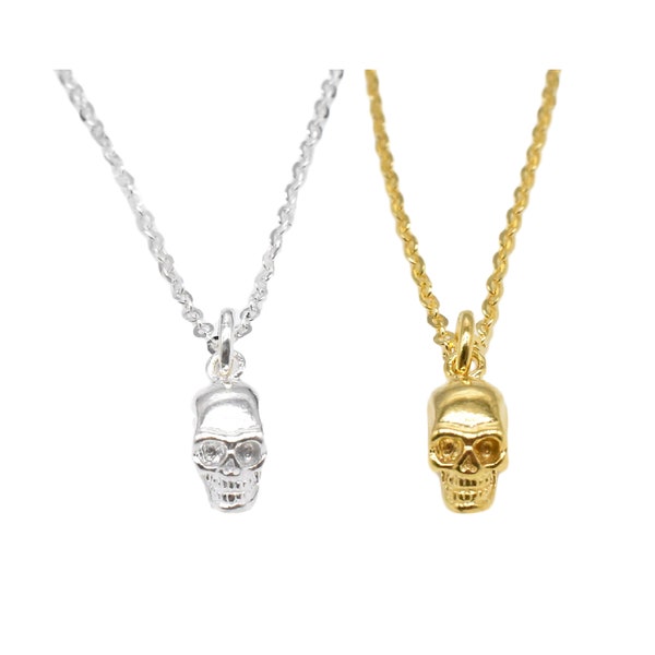 Sterling Silver Skull Necklace, 925 Silver Skull Necklace, 18K Gold Plated Skull Charm, Skeleton Charm w/ Flat Cable Chain 18 20 22 24 Inch