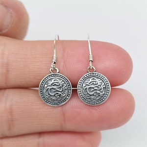 Sterling Silver Dragon Earring 2-Side, 925 Silver Dragon Earring, Chinese Loong Ear Wire Earring, Dragon Drop Earring, Dragon Dangle Earring