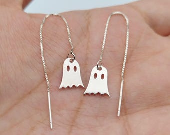 Sterling Silver Ghost Threader Earrings: Halloween Dangle Chain