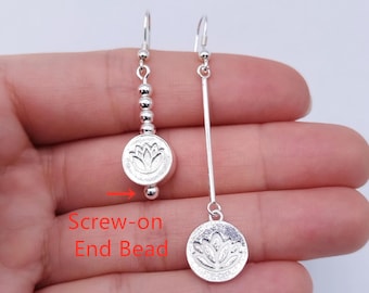 Sterling Silver Lotus Flower Dangle Earrings, Asymmetrical Jewelry