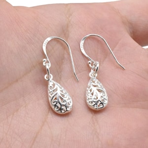 Sterling Silver Filigree Drop Earrings, 925 Silver Drop Earrings, Water Drop Earrings, Tear Drop with Ball End Ear Wire, Earring Wire