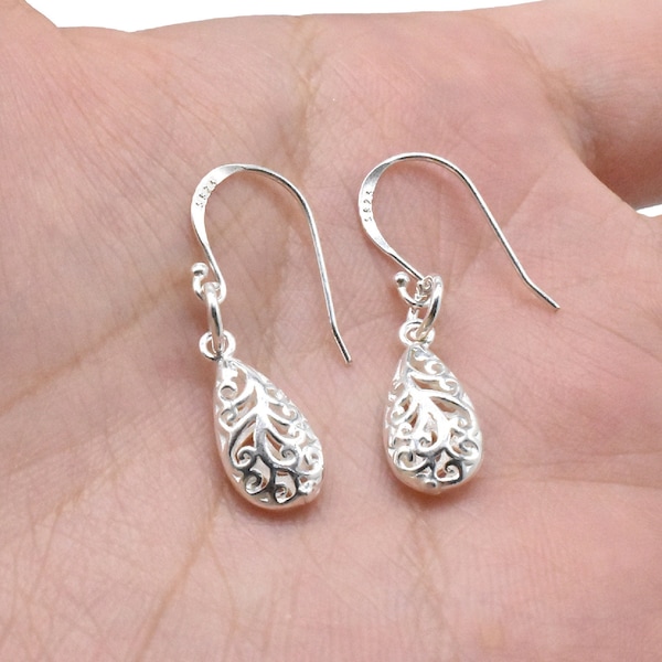 Sterling zilveren filigraan drop oorbellen, 925 zilveren drop oorbellen, water drop oorbellen, Tear Drop met Ball End Ear Wire, Earring Wire