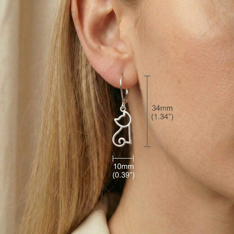 Sterling Silver Cat Earrings: Hollow Dangle Leverback Design image 2