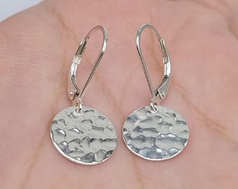 Sterling Silver Hammered Disc Earring, 925 Silver Leverback Earring, Circle Drop Earring, Plain Lever Back Shiny Disc Earring 12mm(0.47&quot;)