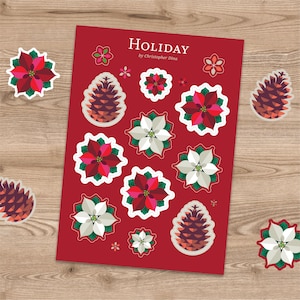 Hoja de pegatinas navideñas de Poinsettia y Pine Cone Kiss-Cut, pegatinas navideñas modernas, conjunto de pegatinas florales botánicas, pegatinas minimalistas de Navidad