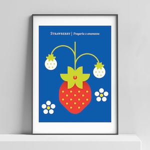 Strawberry fruit poster print geometric design for the kitchen, nursery. Strawberries print, retro art, Japandi fruit art, botanical print image 1