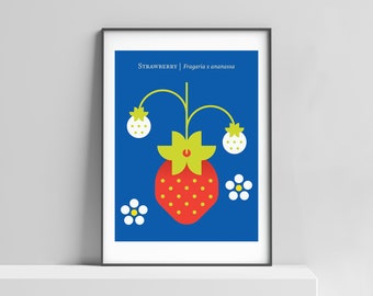 Strawberry fruit poster print geometric design for the kitchen, nursery. Strawberries print, retro art, Japandi fruit art, botanical print