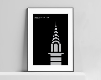 May include: A black and white illustration of the Chrysler Building in New York City. The building is depicted in a simplified, geometric style, with a focus on its distinctive spire.