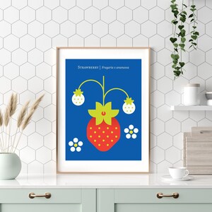 Strawberry fruit poster print geometric design for the kitchen, nursery. Strawberries print, retro art, Japandi fruit art, botanical print image 4