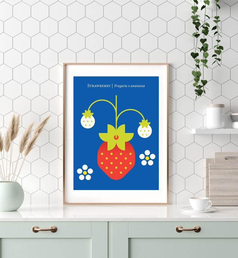 Strawberry fruit poster print geometric design for the kitchen, nursery. Strawberries print, retro art, Japandi fruit art, botanical print image 4