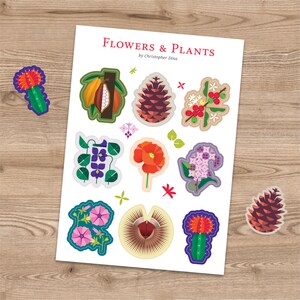 Hoja de pegatinas moderna de flores y plantas cortadas con diseños de la serie de naturaleza, conjunto de pegatinas botánicas y florales, divertidas pegatinas para niños