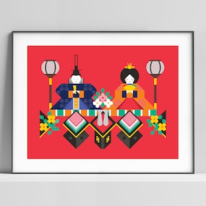 May include: A digital illustration of a traditional Japanese Hinamatsuri doll display. The dolls are dressed in colorful kimonos and are surrounded by cherry blossoms and lanterns. The background is a bright red.