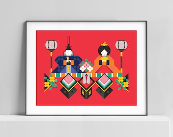 Japanese Hinamatsuri Art Print Poster celebrating Girls Day, Dolls Day, Japanese art print, girls room wall art, kimono art, japan kawaii