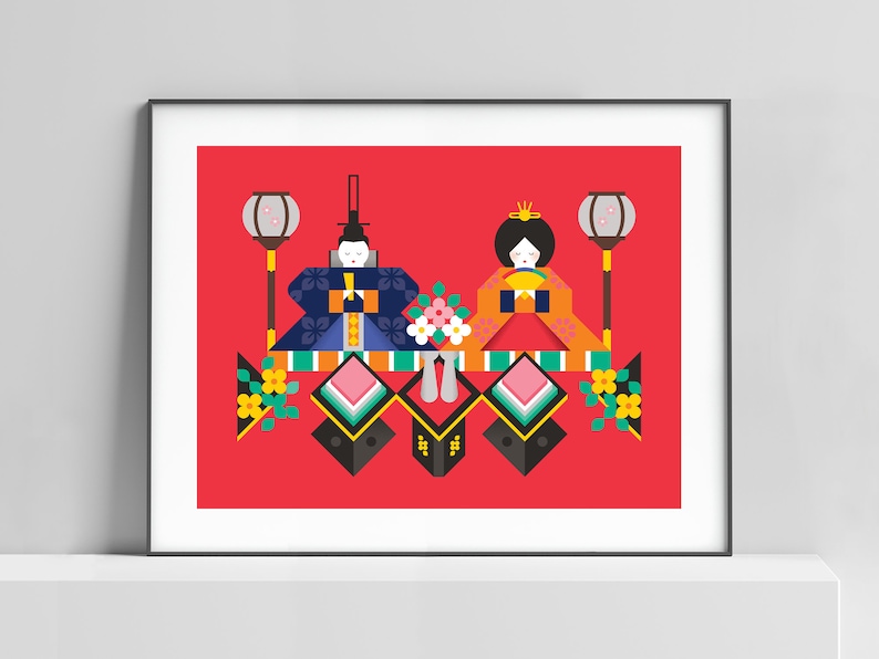 May include: A digital illustration of a traditional Japanese Hinamatsuri doll display. The dolls are dressed in colorful kimonos and are surrounded by cherry blossoms and lanterns. The background is a bright red.