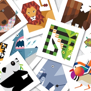 Entzückendes Set mit 10 modernen Tierpostkarten für das Mailen oder Aufstellen, Notekarten für Kinder, Wildtierillustrationen, Mini Wandkunstdrucke