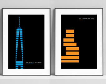 Set of 2 New York City modern art prints featuring historical & contemporary landmarks with black backgrounds. Modern New York poster art