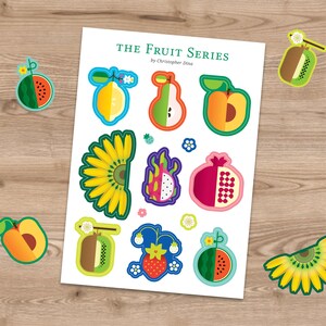Hoja de pegatinas modernas con corte de beso de frutas con diseños de la serie Fruit, pegatinas botánicas, pegatinas divertidas para niños de comida, pegatinas artísticas