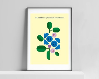 Modern Blueberry print poster design for the kitchen, kids room, minimalist botanical kitchen art, spring decor, blueberries, fruit pop art