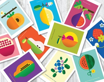 Charming set of 10 vibrantly colored Fruit Postcards for mailing and displaying, a great gift idea; postcard set, fruit prints, postcard art