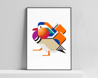 Colorful Mandarin Duck art print poster for home and office space, waterfowl illustration, duck wall decor, kids animal prints, nursery art