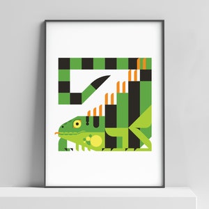 Modern Iguana art print for the home, kids room, lizard wall decor, reptile poster, kids animal art, rainforest art, safari nursery print