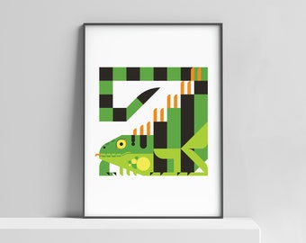 Modern Iguana art print for the home, kids room, lizard wall decor, reptile poster, kids animal art, rainforest art, safari nursery print