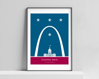 St. Louis Gateway Arch modern art print architecture poster for the home and office. Missouri poster, national landmark, patriotic wall art