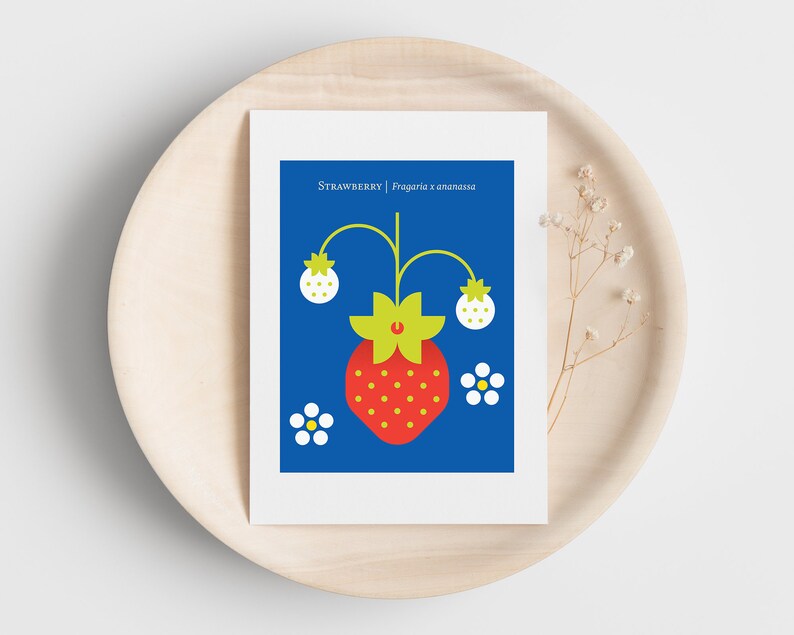 Strawberry fruit poster print geometric design for the kitchen, nursery. Strawberries print, retro art, Japandi fruit art, botanical print image 6