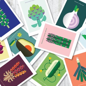 Charmant lot de 10 cartes postales colorées de légumes à poster ou à exposer, une excellente idée cadeau ; jeu de cartes postales, art végétal, impression végétale