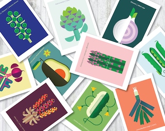 Charming set of 10 colorful Vegetable Postcards for mailing or displaying, a great gift idea; postcard set, vegetable art, vegetable print