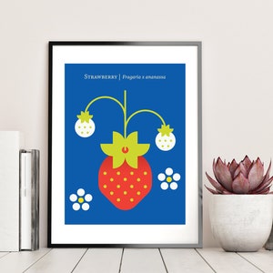 Strawberry fruit poster print geometric design for the kitchen, nursery. Strawberries print, retro art, Japandi fruit art, botanical print image 2