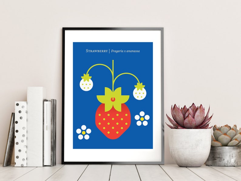 Strawberry fruit poster print geometric design for the kitchen, nursery. Strawberries print, retro art, Japandi fruit art, botanical print image 2