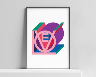 LOVE modern art print for the home, office. Love dimensional art, love gift for couple, minimalist love art, love pop art, retro love poster