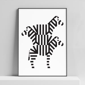 Modern op art Zebra poster print for the home, kids room or office, minimalist zoo animal print, african safari art, black and white stripes